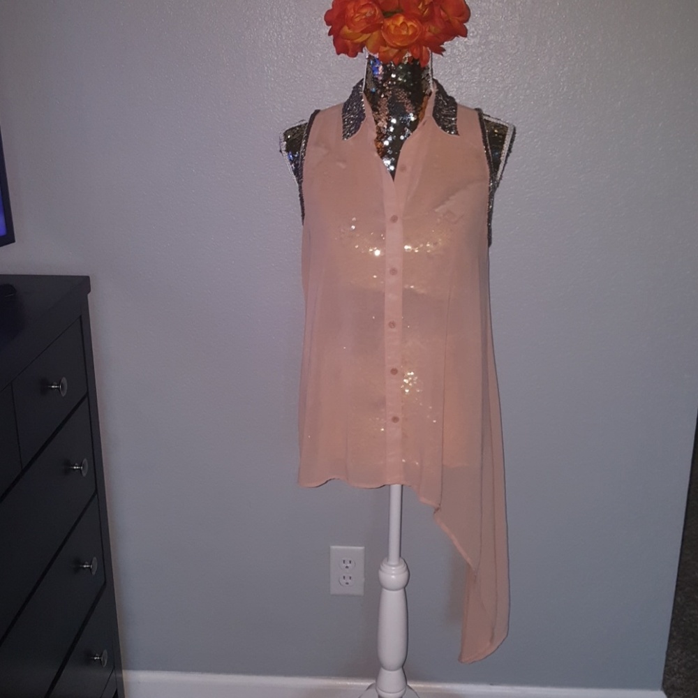 Sheer Peach Metallic Bead Asymmetric Hem Blouse